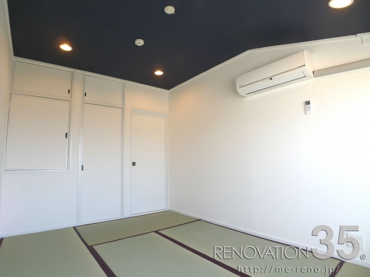 リノベーションで埼玉県朝霞市の築27年のアパートの2dk メゾネットの賃貸物件を ブラックの天井クロスで作るモダンな和室に施工